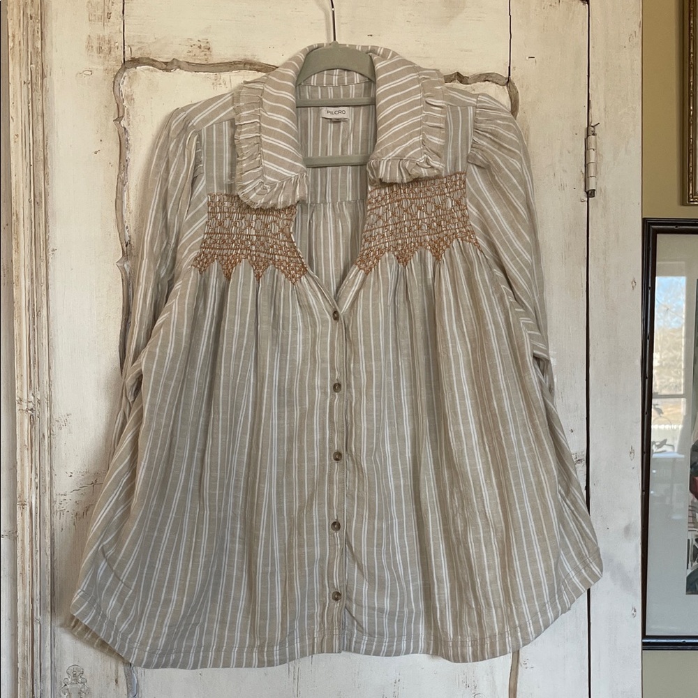 Pilcro Taupe and White Striped Blouse